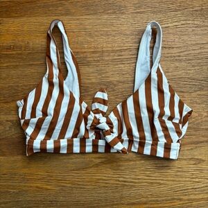 Aerie Bikini Top Brown & White Stripes Knotted Scoop Front Size Large